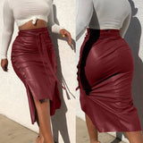 Hoombox Stitch H-line Skinny PU Leather Skirt Solid Slit Slim Mid-length Hip-wrap Skirt High-waist Lace-up Side Button Pencil Skirt17094