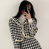 Hoombox Houndstooth Set Ladies  Autumn French Elegant Temperament Navy Collar Cardigan Short Jacket High Waist A-line Skirt