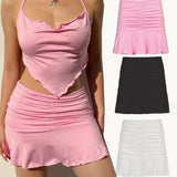 Hoombox Summer Sexy 90s Mini Skirt Lady Trendy Y2K Summer Beachwear pink Skirts Preppy Style Ruched Pleated Skirts Woman High Waist