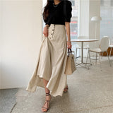 Hoombox New Vintage Elastic Waist Buttons Irregular Chic Cotton and Linen Split Spring Summer Women's Long Skirts