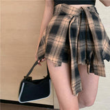 Hoombox Skirts Women Lace Up Irregular Plaid Skirt A-line Street Harajuku All-match Fashion Vintage Womens Faldas Mini Sexy Chic Casual