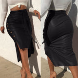 Hoombox Stitch H-line Skinny PU Leather Skirt Solid Slit Slim Mid-length Hip-wrap Skirt High-waist Lace-up Side Button Pencil Skirt17094