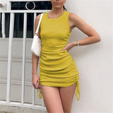 Hoombox Women Sexy Hot Sale Knitted Cotton Drawstring Sleeveless Tight Waist Elastic Elastic Tight Retro Dinner Dress Mini Skirt