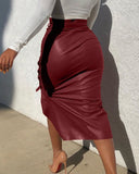 Hoombox Stitch H-line Skinny PU Leather Skirt Solid Slit Slim Mid-length Hip-wrap Skirt High-waist Lace-up Side Button Pencil Skirt17094