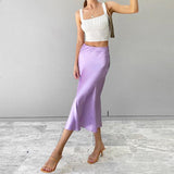 Hoombox  Solid Purple Satin Silk Skirt Women High Waisted Summer Long Skirt New Elegant Ladies Office Skirts Midi Spring