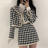 Hoombox Houndstooth Set Ladies  Autumn French Elegant Temperament Navy Collar Cardigan Short Jacket High Waist A-line Skirt