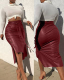 Hoombox Stitch H-line Skinny PU Leather Skirt Solid Slit Slim Mid-length Hip-wrap Skirt High-waist Lace-up Side Button Pencil Skirt17094