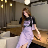 Hoombox Summer New Two-piece Suit Loose Casual Print T-shirt And High Waist Slit Skirt 2 Piece Set Women