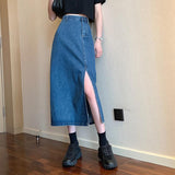 Hoombox High Waist Vintage Denim Jeans Skirts Casual Wash Split Long Skirt Korean Harajuk Blue Skirt Femme