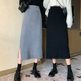 Hoombox Autumn and Winter  Korean Long Back Slit Skirt Hip Skirts All-match High Waist Slimming Black Knitted Skirt Women Plus Size