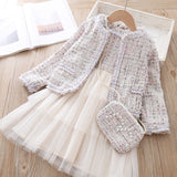 Hoombox Baby Girl Clothes  Children Suits Korean Version Small Fragrance Girl Plaid Doll Collar Jacket + Love Vest Skirt 2Pcs Clothes Suit Wool Coat