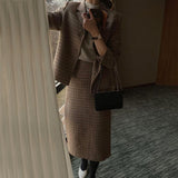 Hoombox French Vintage Temperament Sets Female  Lapel Houndstooth Loose Suit Woolen Jacket High Waist Straight Split Skirt