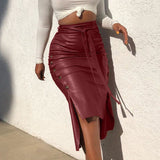 Hoombox Stitch H-line Skinny PU Leather Skirt Solid Slit Slim Mid-length Hip-wrap Skirt High-waist Lace-up Side Button Pencil Skirt17094