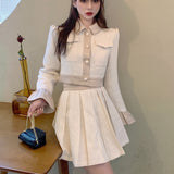 Hoombox Autumn New French Vintage Two Piece Set Women Crop Top Short Jacket Coat + Pleated Skirts Sets High Street Fashion 2 Piece Suits