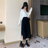 Hoombox Autumn and Winter  Korean Long Back Slit Skirt Hip Skirts All-match High Waist Slimming Black Knitted Skirt Women Plus Size