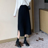 Hoombox Autumn and Winter  Korean Long Back Slit Skirt Hip Skirts All-match High Waist Slimming Black Knitted Skirt Women Plus Size