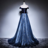 Hoombox Gorgeous Off Shoulder Tulle with Velvet Long Party Dress, A-line Prom Dress Evening Dress