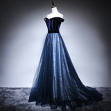 Hoombox Gorgeous Off Shoulder Tulle with Velvet Long Party Dress, A-line Prom Dress Evening Dress