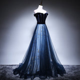 Hoombox Gorgeous Off Shoulder Tulle with Velvet Long Party Dress, A-line Prom Dress Evening Dress