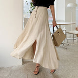 Hoombox New Vintage Elastic Waist Buttons Irregular Chic Cotton and Linen Split Spring Summer Women's Long Skirts