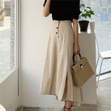 Hoombox New Vintage Elastic Waist Buttons Irregular Chic Cotton and Linen Split Spring Summer Women's Long Skirts