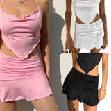 Hoombox Summer Sexy 90s Mini Skirt Lady Trendy Y2K Summer Beachwear pink Skirts Preppy Style Ruched Pleated Skirts Woman High Waist