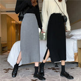 Hoombox Autumn and Winter  Korean Long Back Slit Skirt Hip Skirts All-match High Waist Slimming Black Knitted Skirt Women Plus Size