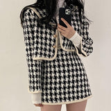 Hoombox Houndstooth Set Ladies  Autumn French Elegant Temperament Navy Collar Cardigan Short Jacket High Waist A-line Skirt