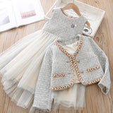 Hoombox Baby Girl Clothes  Children Suits Korean Version Small Fragrance Girl Plaid Doll Collar Jacket + Love Vest Skirt 2Pcs Clothes Suit Wool Coat