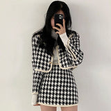 Hoombox Houndstooth Set Ladies  Autumn French Elegant Temperament Navy Collar Cardigan Short Jacket High Waist A-line Skirt