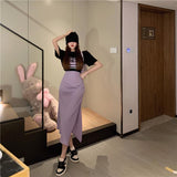 Hoombox Summer New Two-piece Suit Loose Casual Print T-shirt And High Waist Slit Skirt 2 Piece Set Women