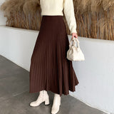 Hoombox Winter Thickened Rib Knitted Large Swing Maxi Long Skirts Elegant Solid A-line Pleated Ankle Length Knit Skirts Coffree Beige