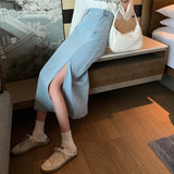 Hoombox High Waist Vintage Denim Jeans Skirts Casual Wash Split Long Skirt Korean Harajuk Blue Skirt Femme