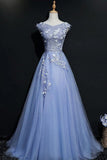 Hoombox Blue Tulle V-neck Lace Flowers A-line Prom Dress, Blue Formal Dress Evening Dress