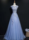 Hoombox Blue Tulle V-neck Lace Flowers A-line Prom Dress, Blue Formal Dress Evening Dress