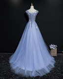 Hoombox Blue Tulle V-neck Lace Flowers A-line Prom Dress, Blue Formal Dress Evening Dress