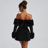 HOOMBOX Sanhu Lianjiang G24DS280 2025 women's clothing autumn and winter one-word shoulder fur collar sexy Spice Girl A-word short skirt wholesale