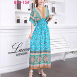 Women's Ethnic Style V-neck Cotton Silk Short Sleeve Thai Style Dress Women's Summer Printed Skirt Outer Wear Vacation Style