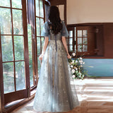 Hoombox Elegant A-line  Grey Tulle Short Sleeves Long Party Dress, Grey Evening Dress