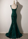 Hoombox Dark Green Mermaid Tulle with Sequins Straps Party Dress, Mermaid Long Formal Dress