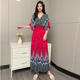 Women's Ethnic Style V-neck Cotton Silk Short Sleeve Thai Style Dress Women's Summer Printed Skirt Outer Wear Vacation Style