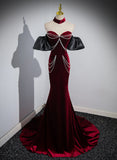 Hoombox Wine Red Mermaid Velvet Off Shoulder Party Dress, Wine Red Long Evening Dress Prom Dress