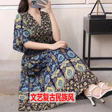 Women's Ethnic Style V-neck Cotton Silk Short Sleeve Thai Style Dress Women's Summer Printed Skirt Outer Wear Vacation Style