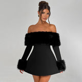 HOOMBOX Sanhu Lianjiang G24DS280 2025 women's clothing autumn and winter one-word shoulder fur collar sexy Spice Girl A-word short skirt wholesale