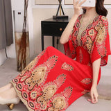 Women's Ethnic Style V-neck Cotton Silk Short Sleeve Thai Style Dress Women's Summer Printed Skirt Outer Wear Vacation Style