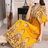 Women's Ethnic Style V-neck Cotton Silk Short Sleeve Thai Style Dress Women's Summer Printed Skirt Outer Wear Vacation Style