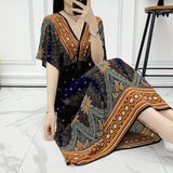 Women's Ethnic Style V-neck Cotton Silk Short Sleeve Thai Style Dress Women's Summer Printed Skirt Outer Wear Vacation Style