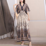 Women's Ethnic Style V-neck Cotton Silk Short Sleeve Thai Style Dress Women's Summer Printed Skirt Outer Wear Vacation Style