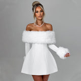 HOOMBOX Sanhu Lianjiang G24DS280 2025 women's clothing autumn and winter one-word shoulder fur collar sexy Spice Girl A-word short skirt wholesale