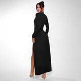 HOOMBOX Cross-border autumn new sexy deep V long-sleeved hip skirt 2025 women's clothing solid color slim-fitting split-end dress dress